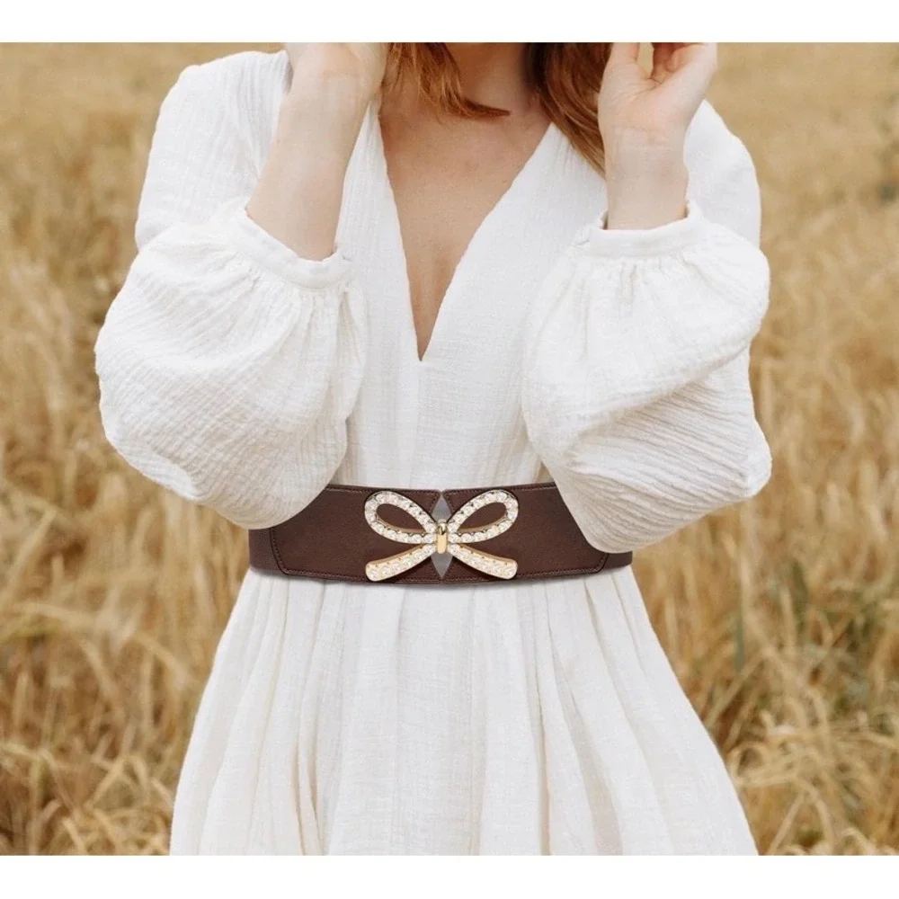 Brown Wide Elastic Cinch Belt Gold Rhinestone Bow Buckle Faux Leather Accent